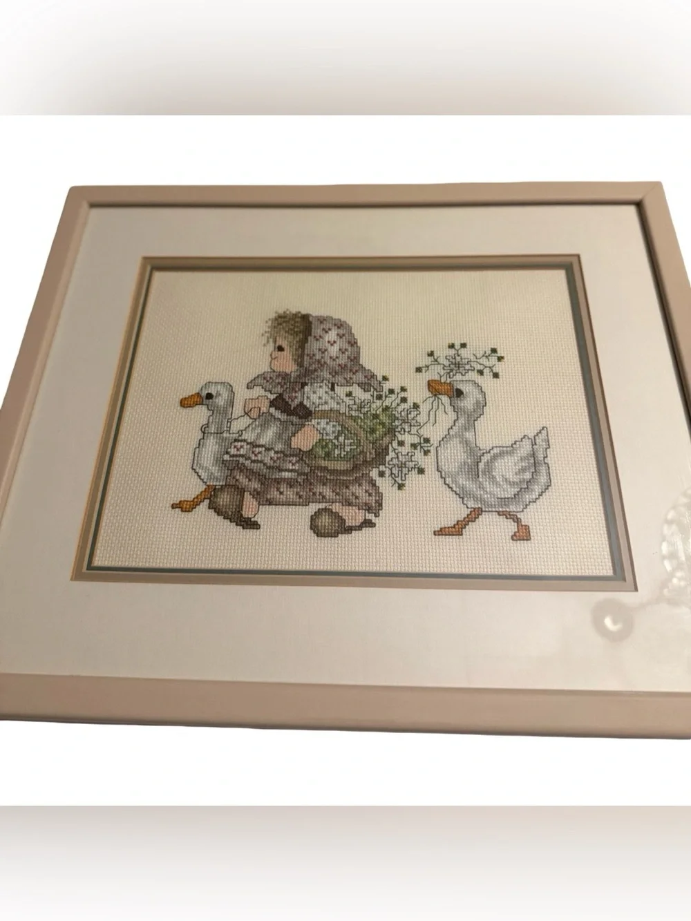 Vintage Cottagecore Goose Cross Stitch Framed Wall Art Grandmillenial Prairie